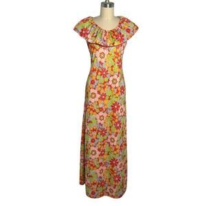 Vintage 70s Floral Maxi Dress Ruffle Collar Psychedelic Boho SMALL